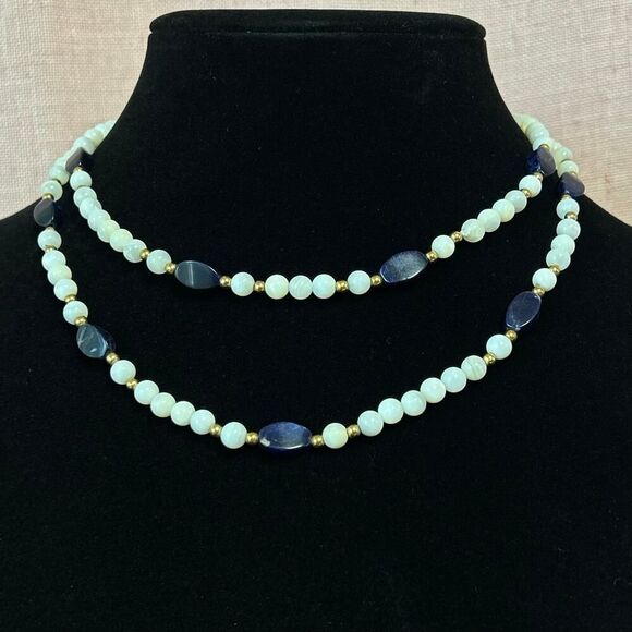 Vintage Mother of Pearl , Sodalite , and Gold Plated Beaded 34 inch Necklace - Picture 3 of 4